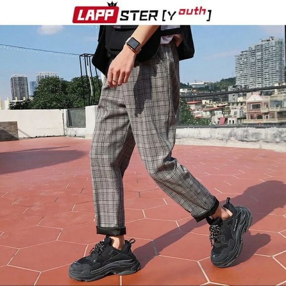 BNWT Plaid Elastic Drawstring Waist Grey Trousers - Picture 1 of 4